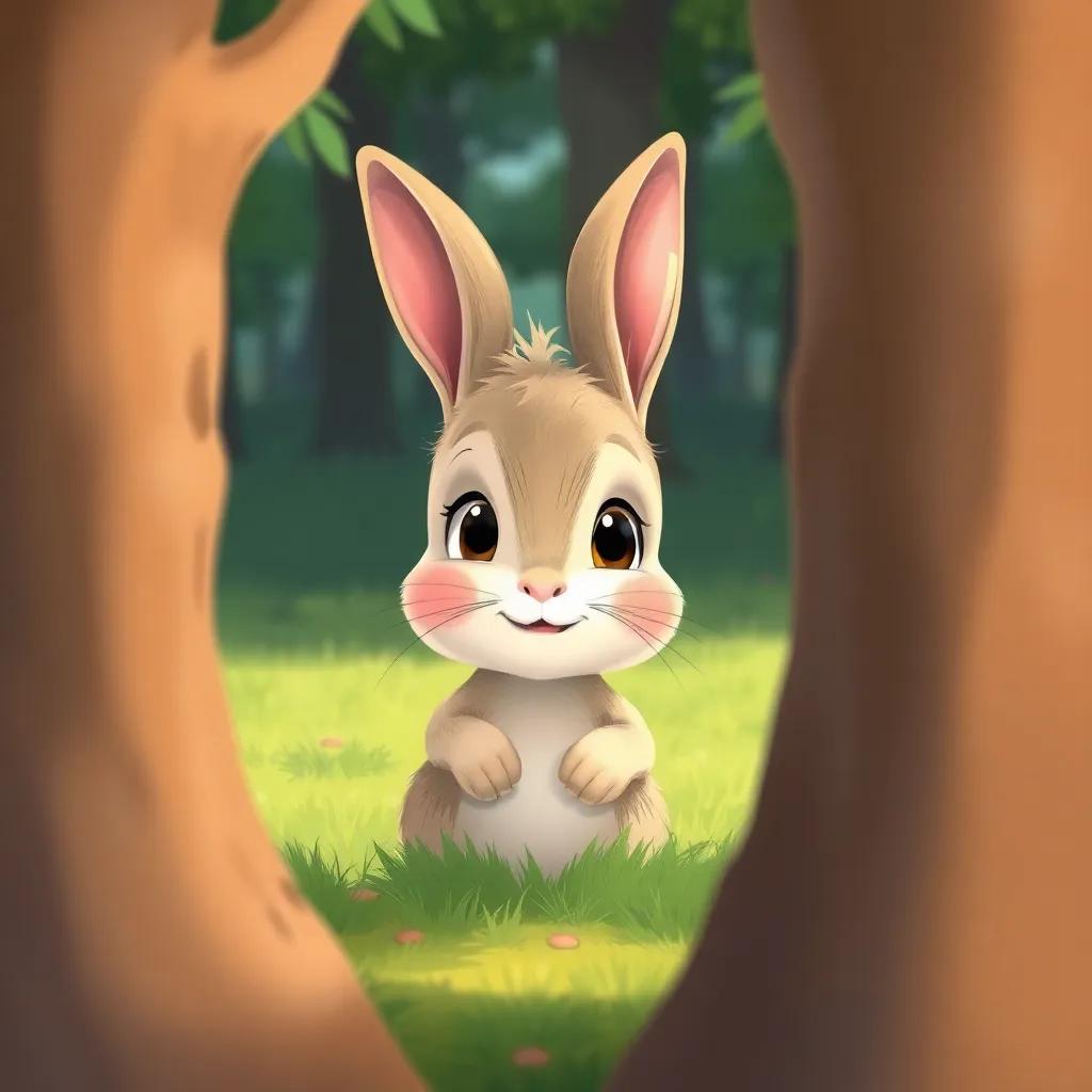 A curious little rabbit peeking out from behind the trees, looking at the children, illustrated with soft colors, child-friendly depiction