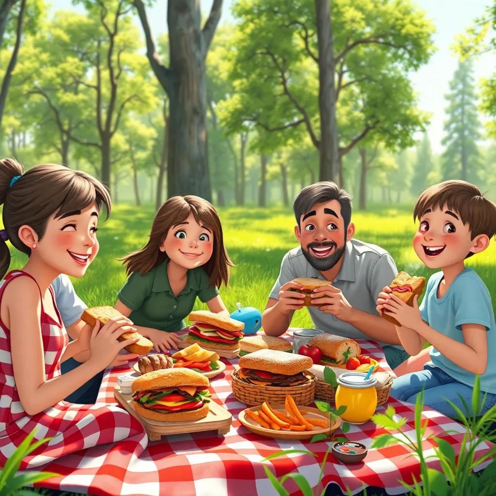 A picnic scene with a family enjoying delicious sandwiches in a sunny clearing surrounded by trees, joyful smiles, colorful food, high detail