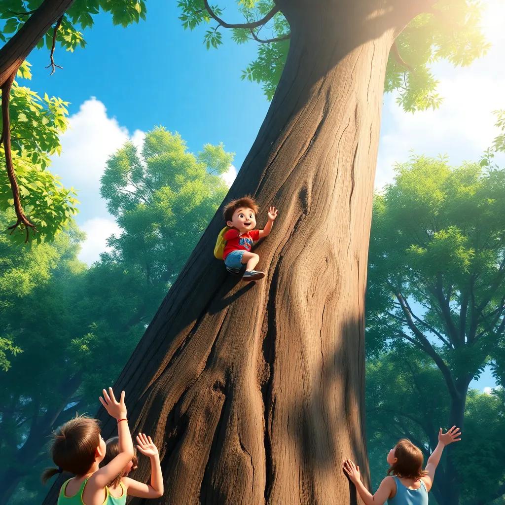 A child climbing a tall tree with excitement, others cheering from below, bright day, vibrant greens and blues, adventure-themed