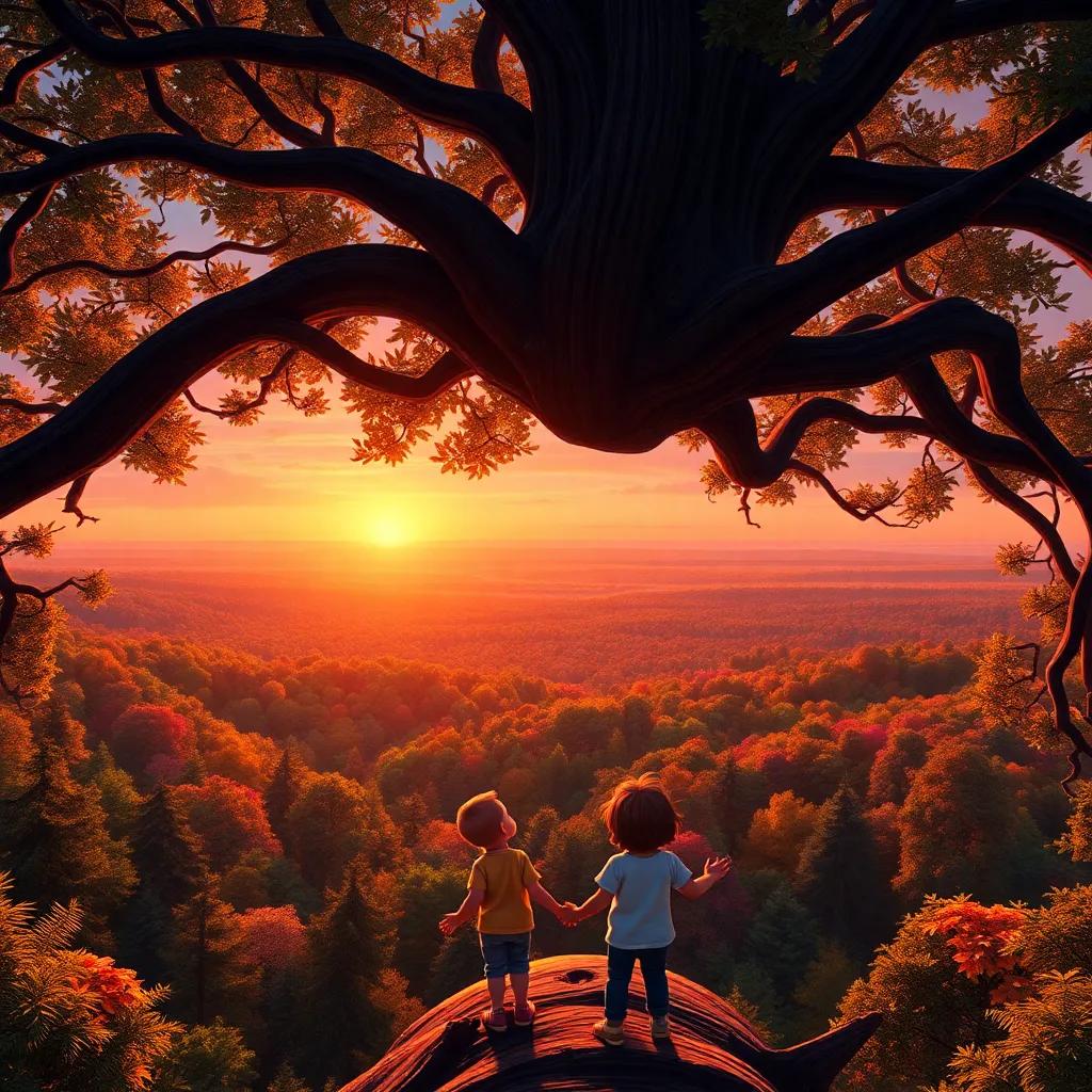 A stunning view from the top of a tall tree showing the vast forest, colorful foliage in the sunset, children amazed, warm, heartwarming