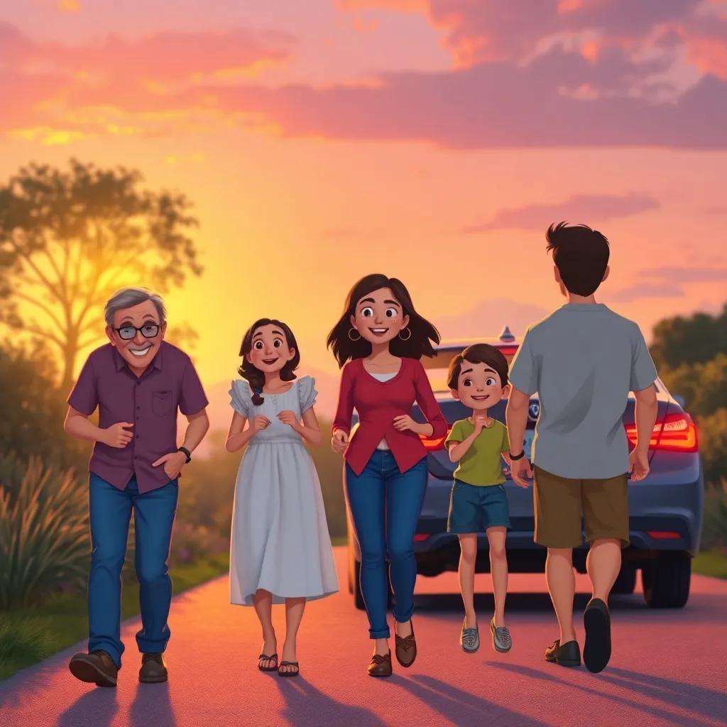 A peaceful evening scene as a family walks back to their car, warm colors of sunset, smiles on their faces, capturing a sense of nostalgia