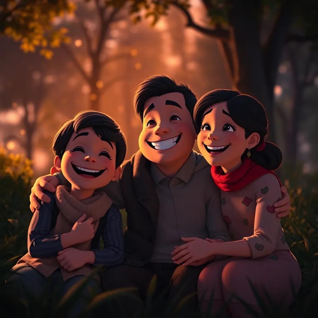 A joyful family reflecting on their wonderful day, happy expressions, surrounded by the trees as darkness begins to fall, warm and inviting atmosphere