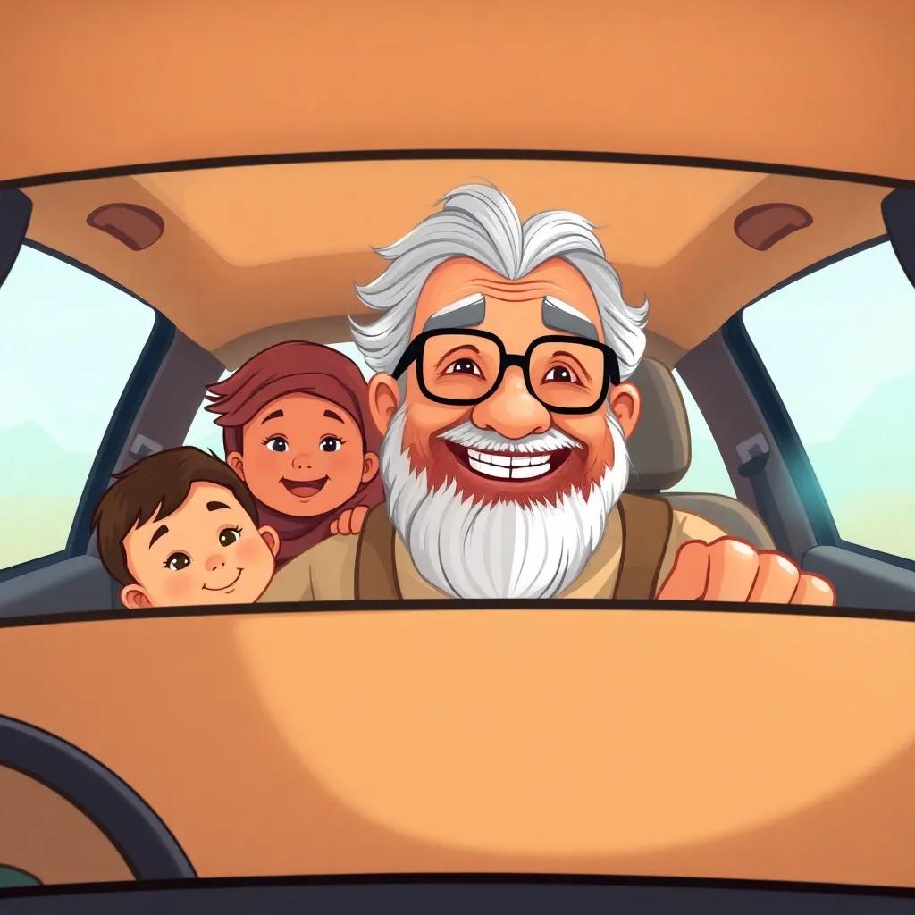 A cozy family car with grandpa Amin, an elderly Arab man with gray hair and glasses, smiling warmly at his grandchildren as he starts the journey, digital art, bright atmosphere, high quality