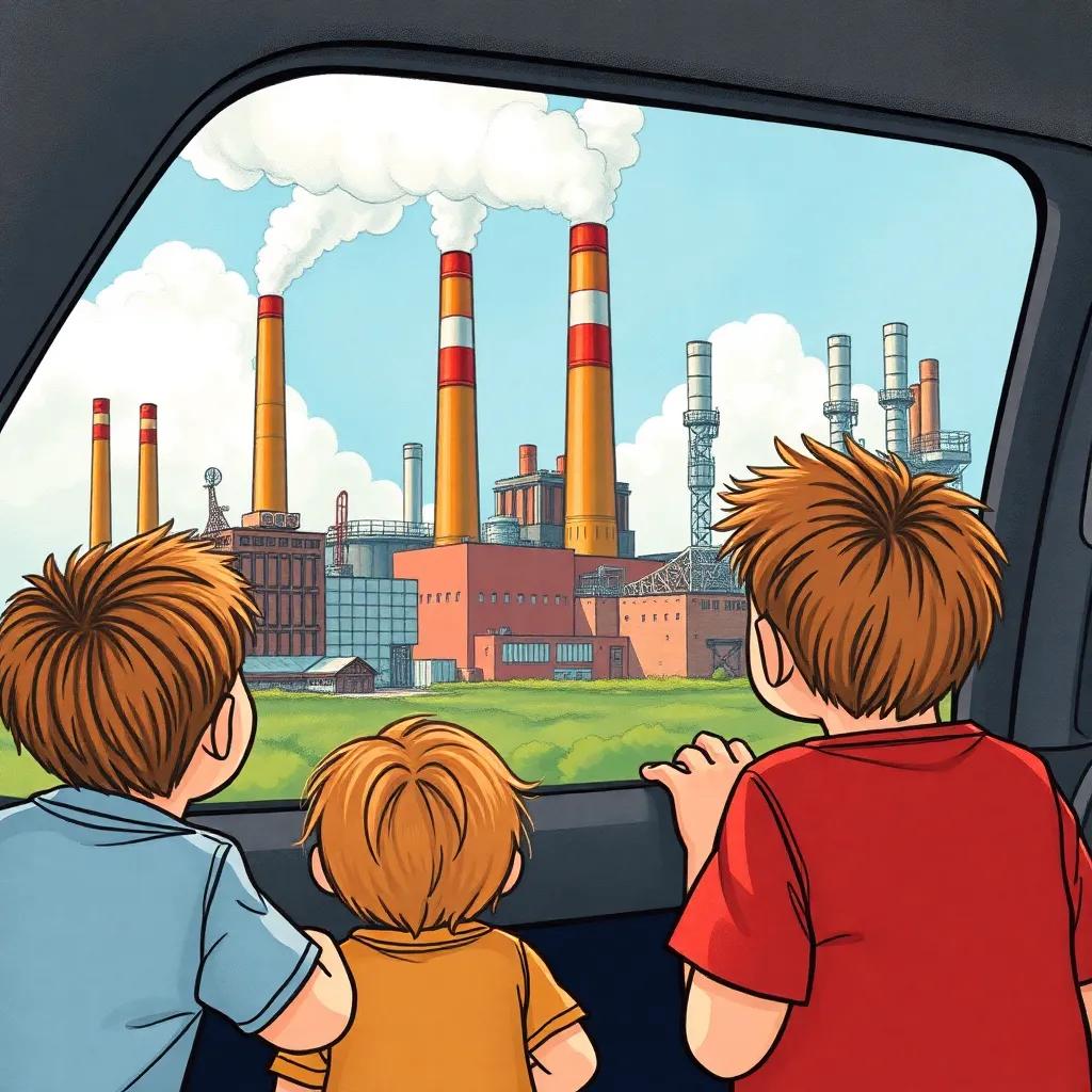 The kids looking in awe at giant factories from the car window, with large smokestacks and machinery in the background, intricate details, vibrant colors, enchanting view