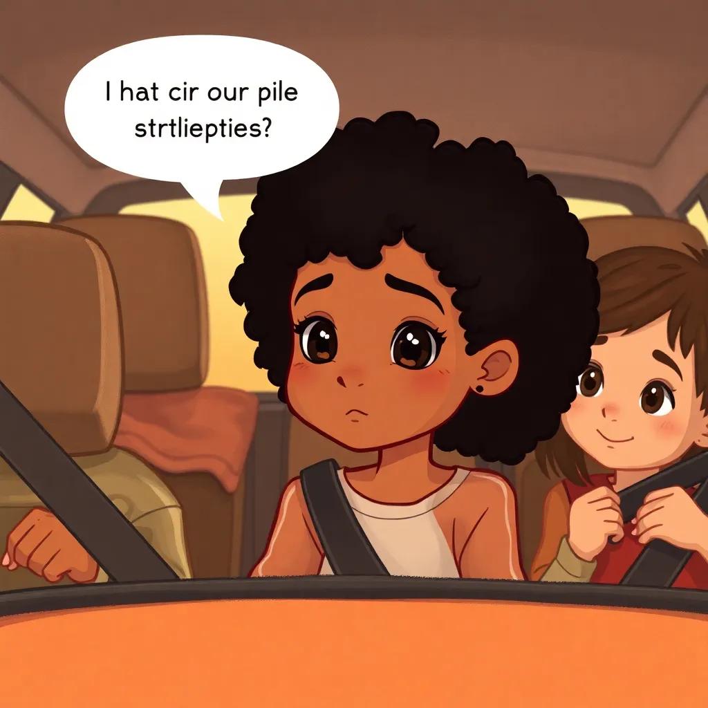 A curious young girl, Raqiya, asking about mechanics, her hair is dark and curly, sitting back with her siblings in the car, digital illustration, cozy warmth, playful lighting