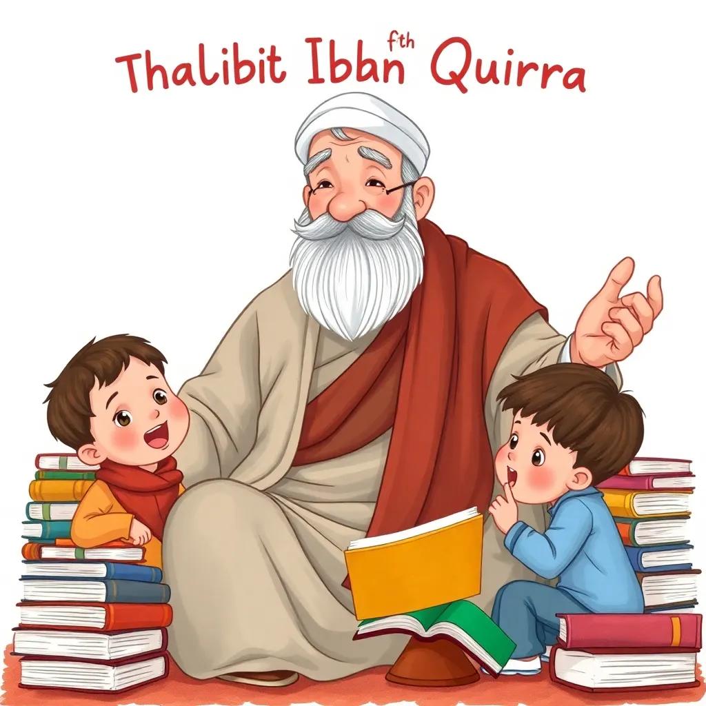 An illustration of grandpa explaining the achievements of Thabit Ibn Qurra, with colorful books scattered around him, engaging children's expressions, educational vibe, welcoming warmth