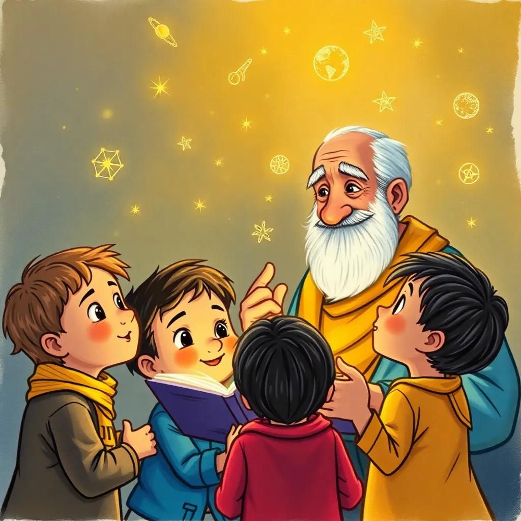 Grandpa Amin sharing stories of astronomy, children looking up with wonder, grandpa has a gentle smile, detailed storytelling setting, magical connection to knowledge