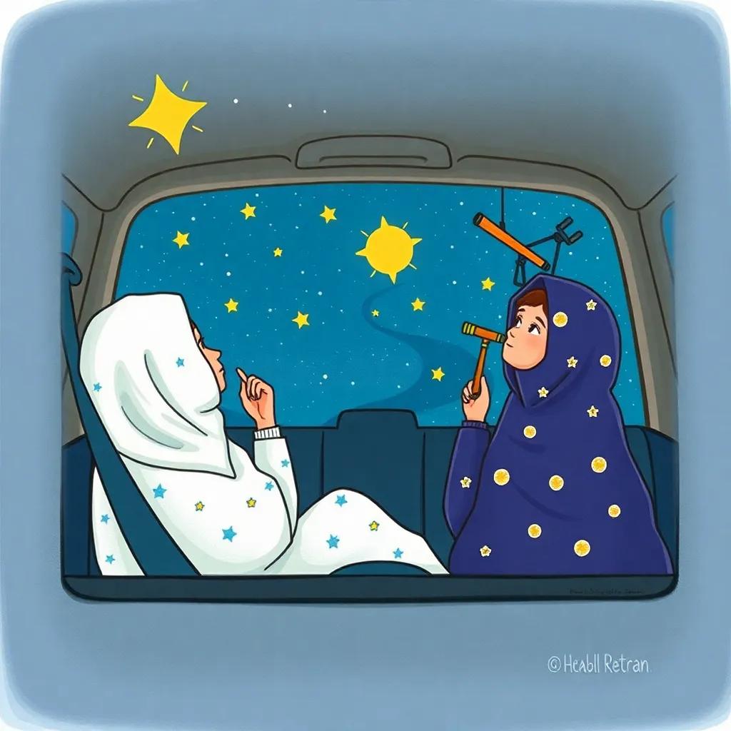 A thoughtful moment in the car with Raqiya imagining telescopes, artistic representation of stars and telescopes in space, whimsical and imaginative theme, colorful