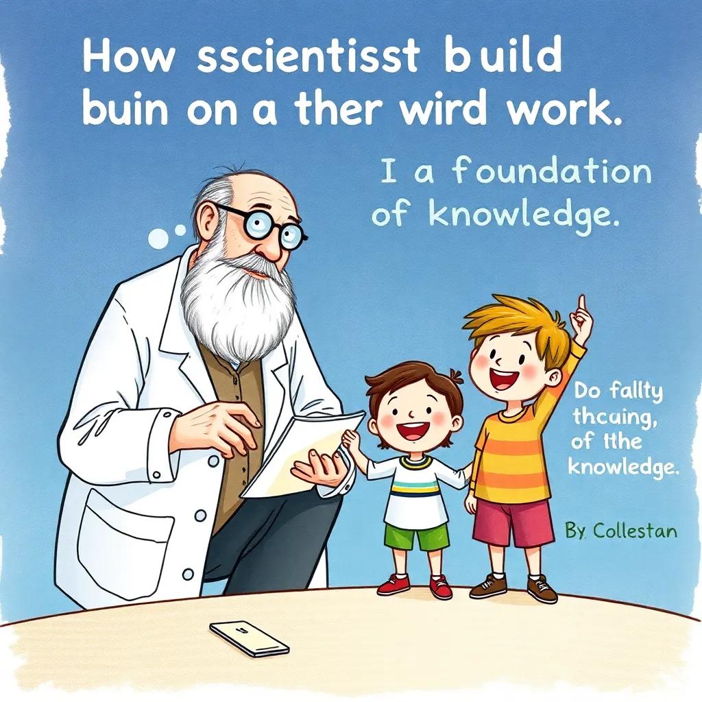 An image showing how scientists build on each other's work, illustrating a foundation of knowledge with grandpa and excited children, engaging and thoughtful atmosphere