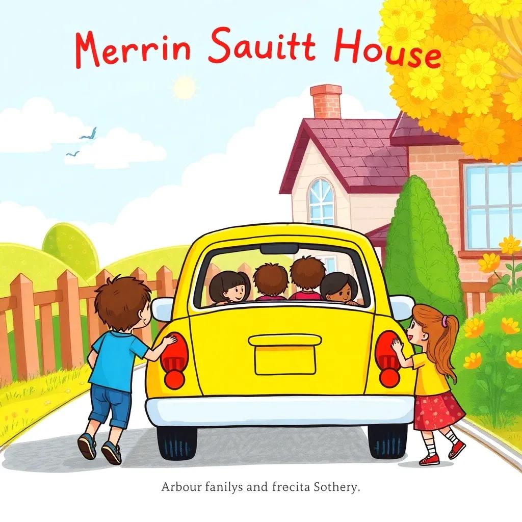 A beautiful scene of arriving at Aunt Sarah's house, the car pulling up with bright sunny day, and children excitedly looking out, heartwarming family moment, cheerful colors