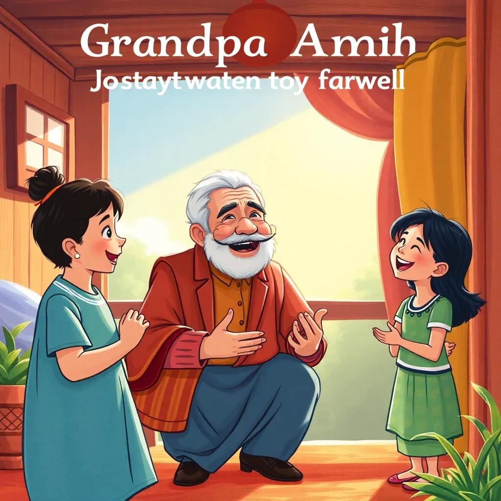 A joyful farewell scene, Grandpa Amin and the kids expressing gratitude, joy in their faces, familial love reflected in surroundings, warm sunlight, inviting environment