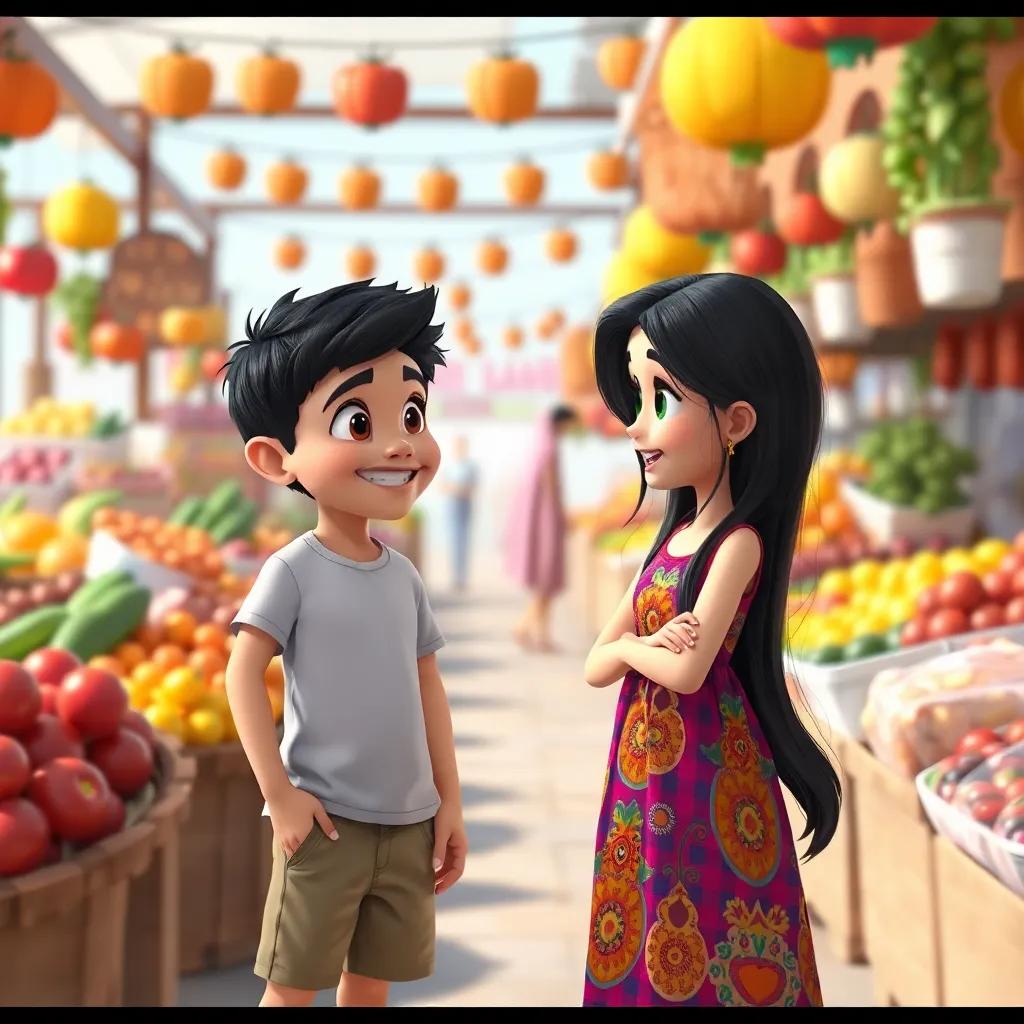 A young Arab boy, Adel, with short dark hair wearing a t-shirt and shorts, smiling and chatting with a girl, Mariam, a young Arab girl with long dark hair wearing a colorful dress, in a colorful market filled with fruits and vegetables, cheerful atmosphere, digital art, bright colors, engaging scene