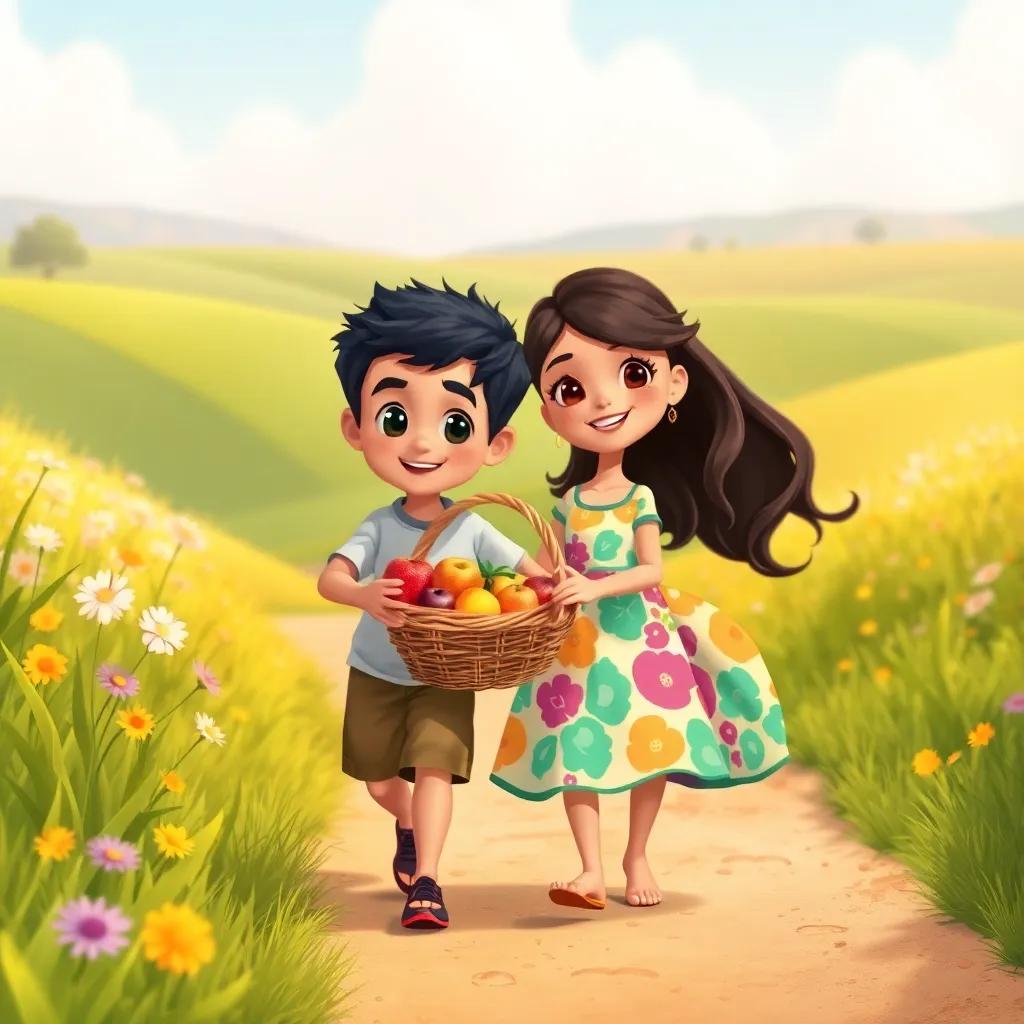 Adel, a young Arab boy with short dark hair in a t-shirt and shorts, and Mariam, a young Arab girl with long dark hair in a colorful dress, happily walking home holding a basket of fruits, surrounded by green fields and flowers, bright day, joyful feeling, illustration, warm colors