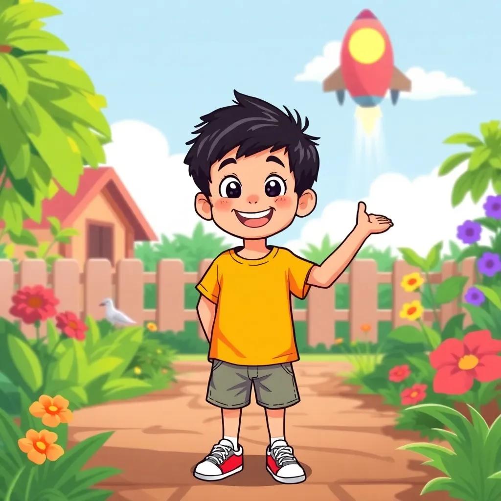 A child, Amer, with short black hair wearing a bright t-shirt and shorts, standing excitedly in a garden with a colorful spaceship landing behind him, vibrant colors, joyful atmosphere, cartoon style, child-friendly