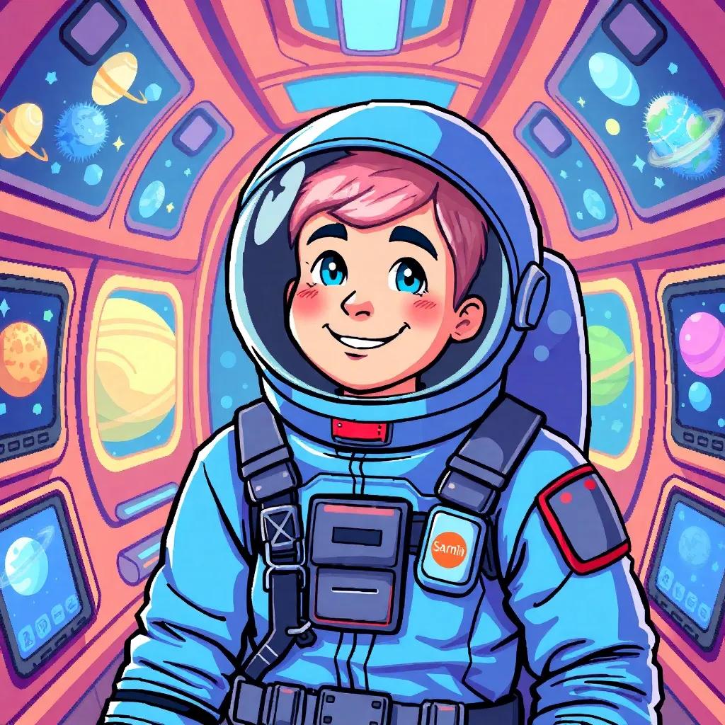An astronaut, Sami, wearing a bright blue spacesuit with a helmet, inside a colorful spaceship with screens showing planets, digital art, cheerful ambiance, educational, space theme