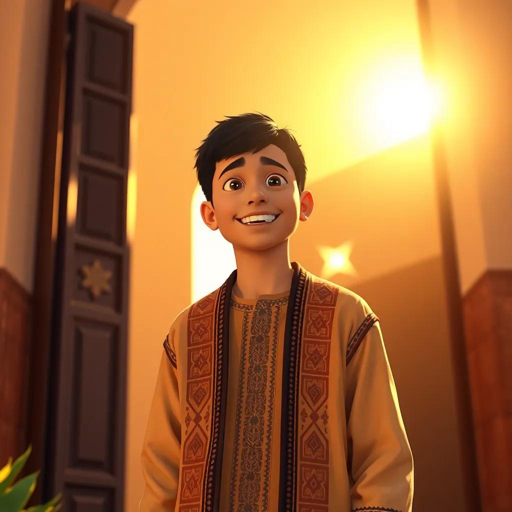 A young Moroccan man, عبدالرزاق, with short black hair wearing a traditional Moroccan jacket, standing at the doorstep of his family home with excitement in his eyes, golden sunlight shining, warm colors, joyful atmosphere, high quality