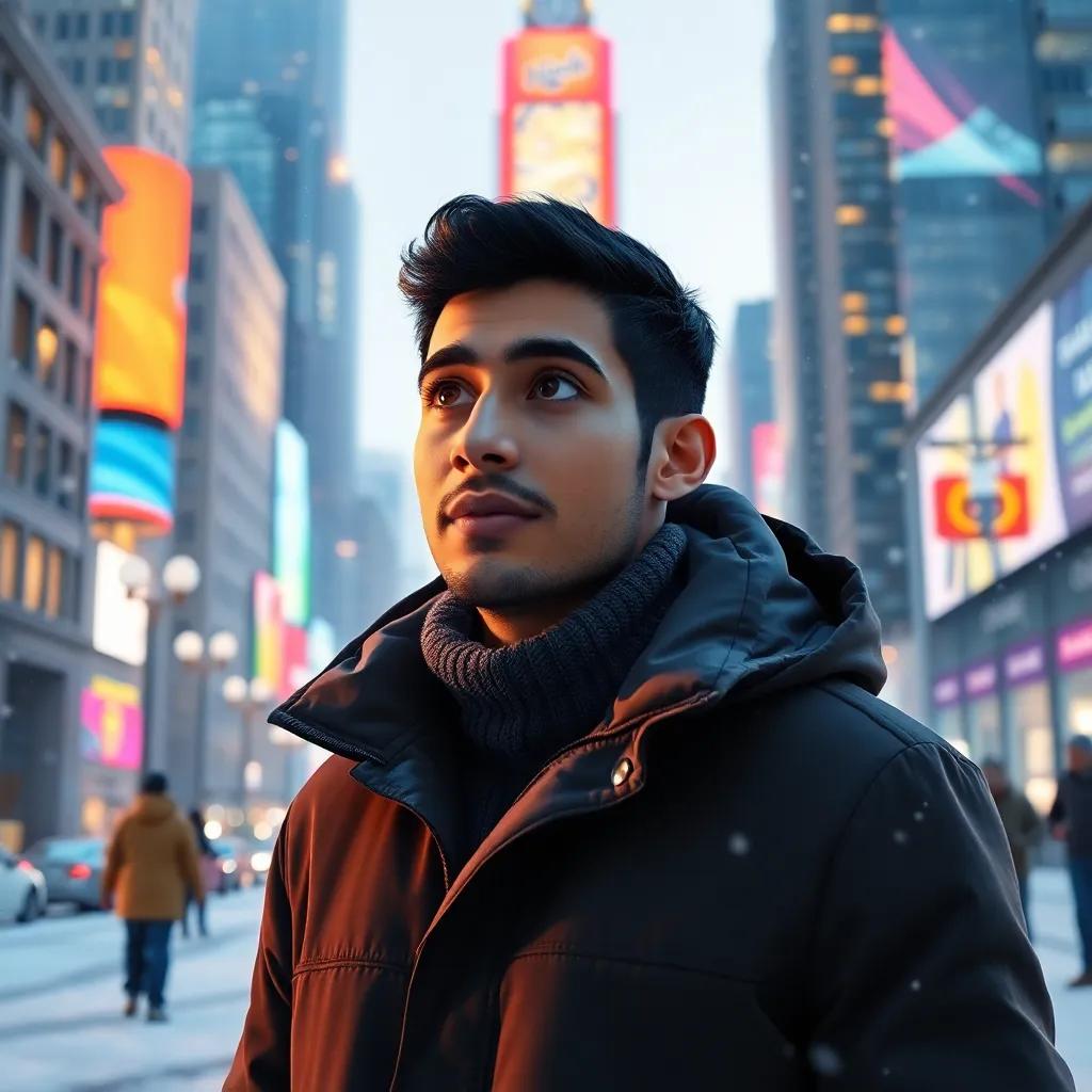 عبدالرزاق, a young Moroccan man with short black hair wearing a winter coat, standing in a snowy Canadian city with tall buildings and bright lights, looking amazed, digital art, cool colors, vibrant city life, high quality