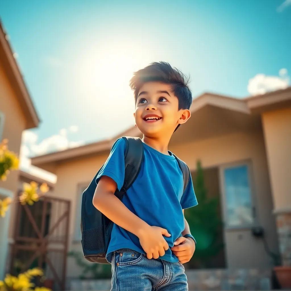 A young Arab boy, عبد الجليل, with short black hair, wearing a blue t-shirt and jeans, looking excited as he stands with a backpack outside his house under a sunny sky, digital art, warm colors, cheerful atmosphere, high quality