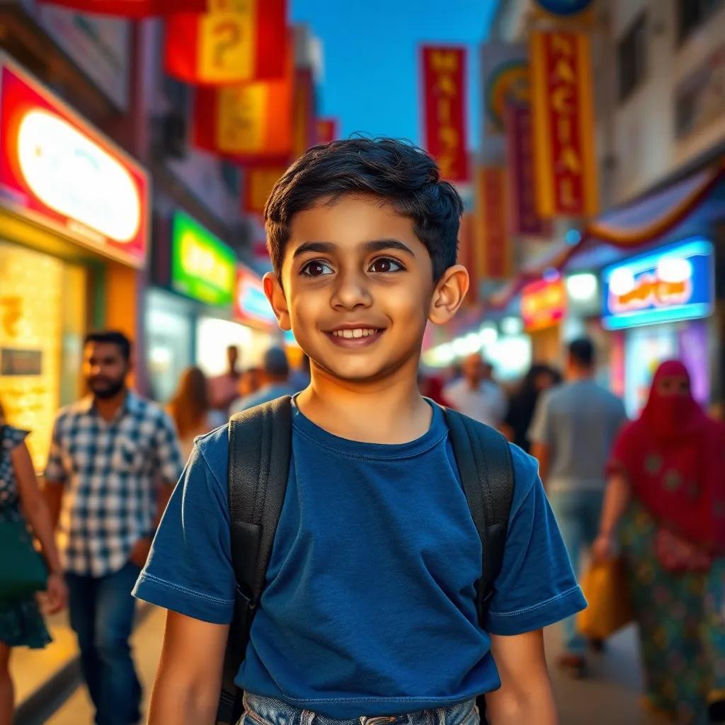 A young Arab boy, عبد الجليل, with short black hair, wearing a blue t-shirt and jeans, arriving in جنين بورزق filled with anticipation, surrounded by vibrant streets and welcoming people, colorful, lively scene, detailed, whimsical perspective, high quality