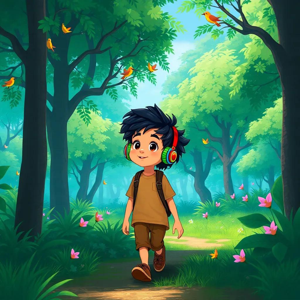 Sami, a young boy with curly black hair in colorful headphones, walking in a lush green forest with trees and singing birds, illustration, bright colors, magical vibe, charming perspective