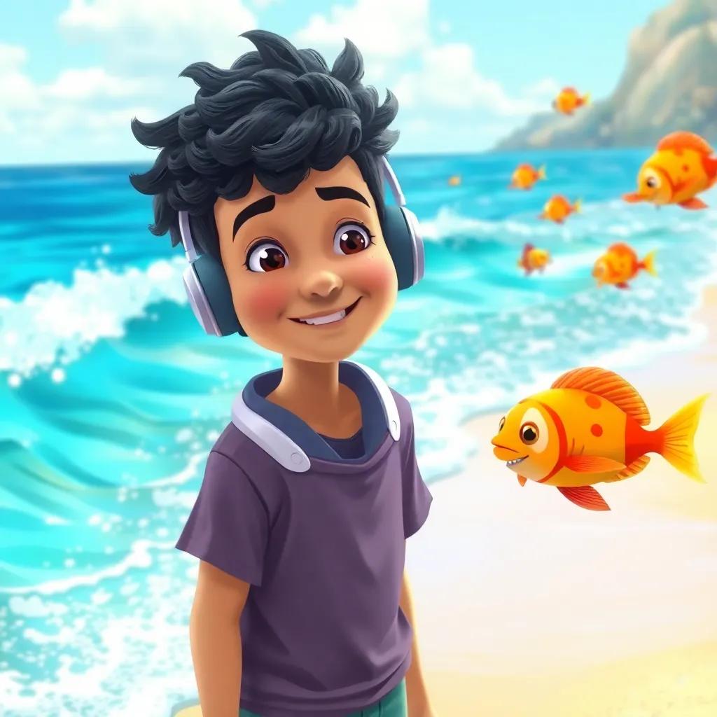 Sami, a young boy with curly black hair, wearing headphones, standing at the beach, with waves and fish jumping out of the water, colorful, lively, joyful scene, high quality