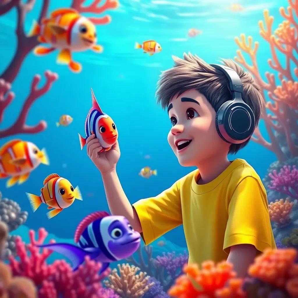 Sami, a young boy wearing headphones and a bright shirt, playing with friendly fish in the sea, with colorful coral and blue water, fantastic, vibrant colors, underwater view, detailed