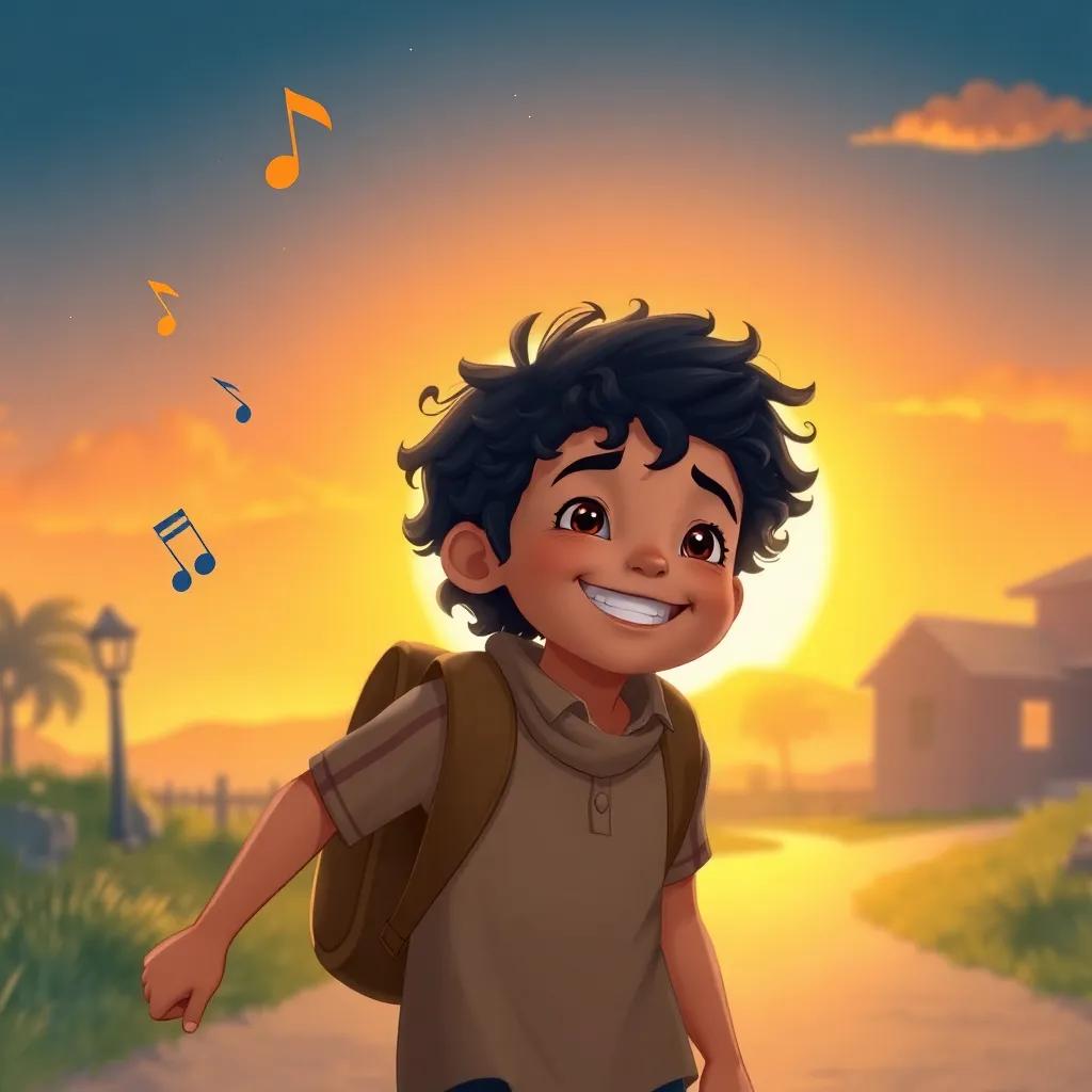 Sami, a young boy with curly black hair, happily returning home, with musical notes floating around him, and a bright sunset in the background, warm light, magical atmosphere, high quality