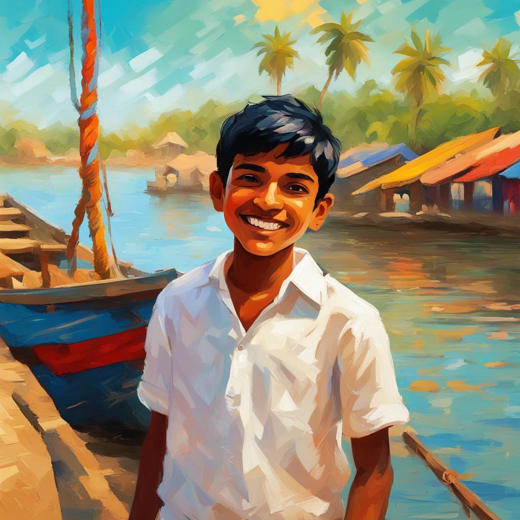 A young Indian boy, Rashid, with short black hair wearing a simple white shirt, standing by a boat on a sunny day in India, smiling and excited, digital art, vibrant colors, cheerful atmosphere, high quality