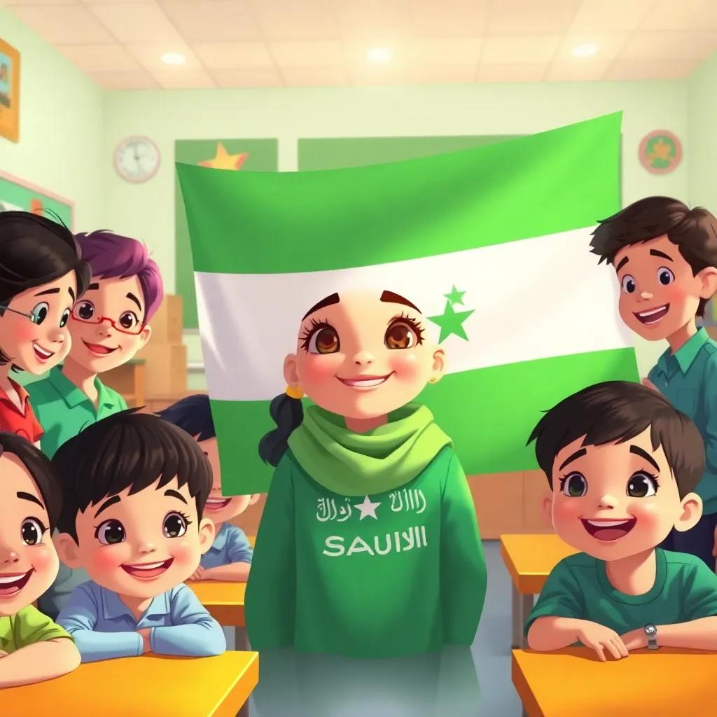 Leila, a young Saudi girl, at school learning about the Saudi flag, surrounded by classmates with a large flag poster, bright classroom, cheerful expressions, digital painting, warm colors, engaging imagery