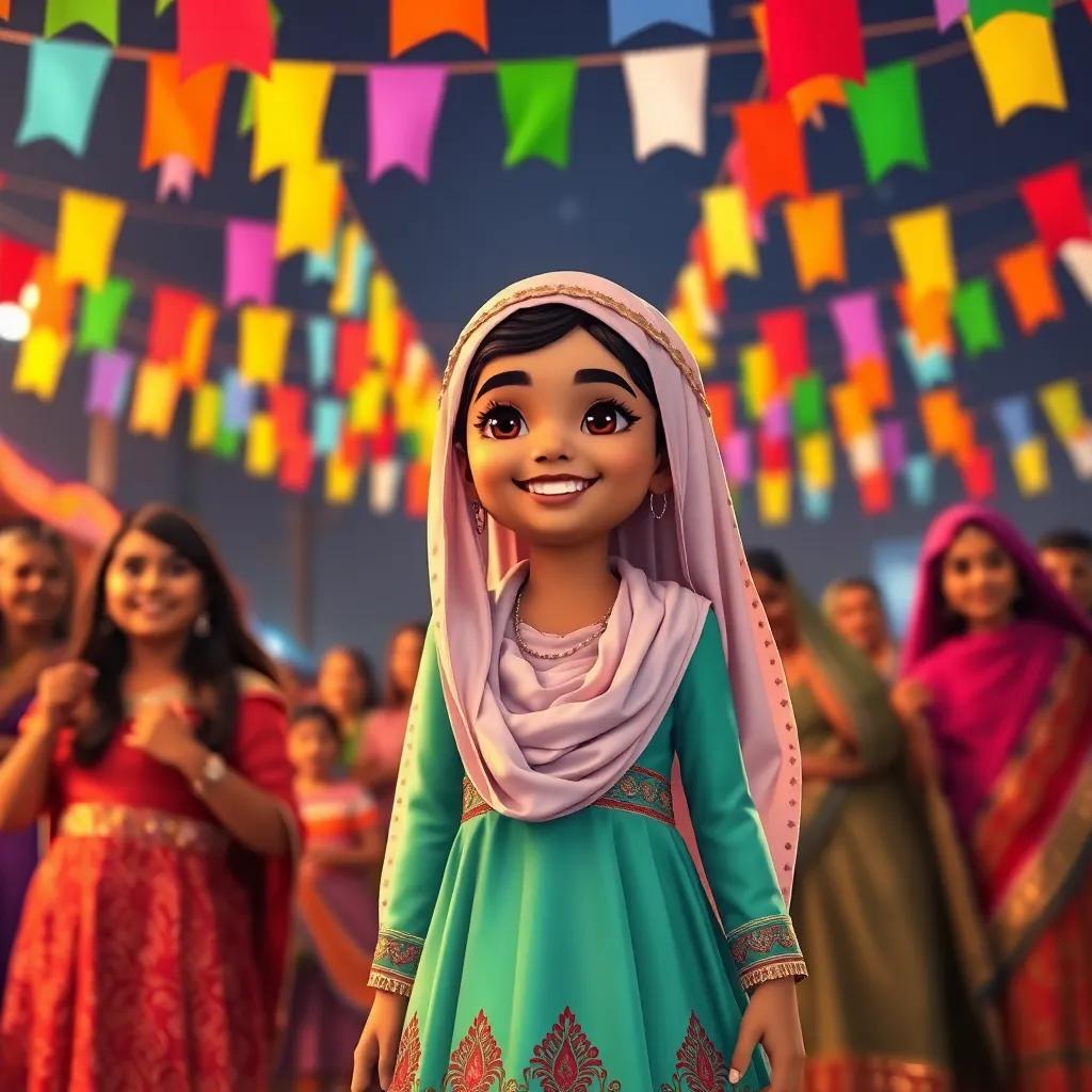 Leila, a young Saudi girl, celebrating a special night with her family, adorned with many colorful flags, wearing a beautiful traditional dress, joyful atmosphere, digital art, festive, vibrant colors, high quality