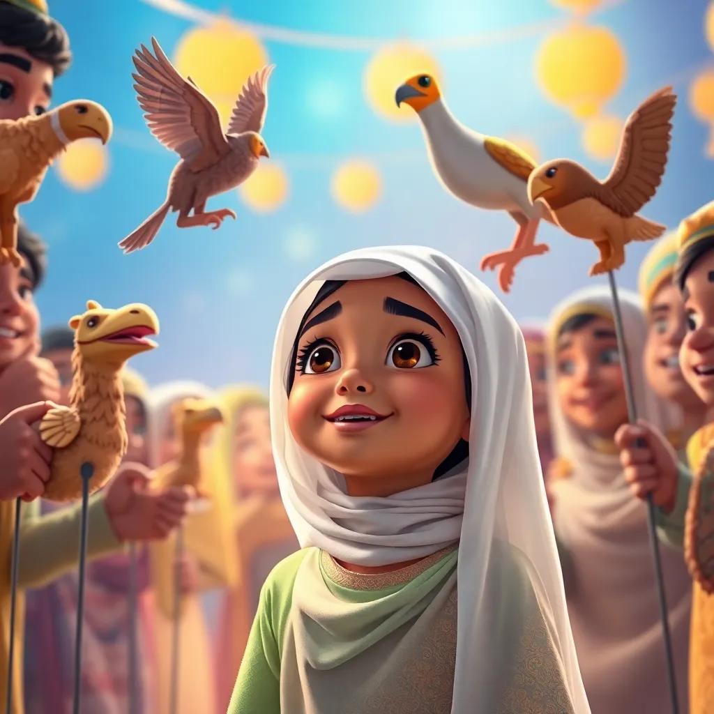 Leila, a young Saudi girl, amazed by traditional puppets of Saudi animals like camels and falcons at a celebration, happy faces around her, bright colors, digital painting, fantasy, family-friendly