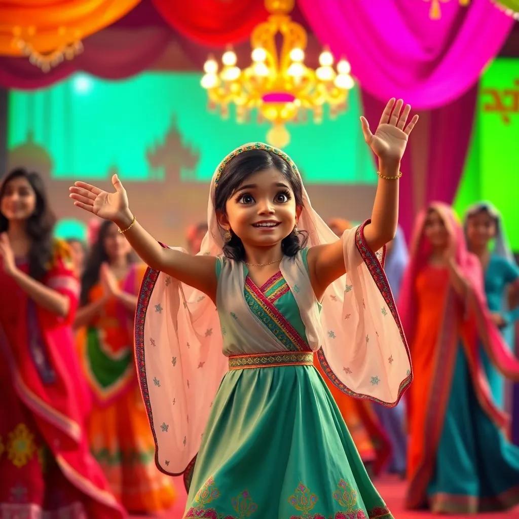 Leila, a young Saudi girl, dancing joyfully in a traditional dance show, wearing a colorful dress with friends, vibrant decor around, lively music atmosphere, digital art, cultural celebration, high quality