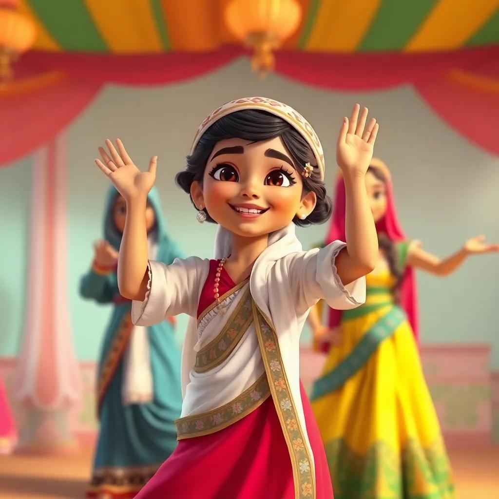 Leila, a young Saudi girl, wishing to become a dancer, expressing joy through dance with friends in traditional costumes, colorful environment, cheerful, digital painting, celebration theme, high quality