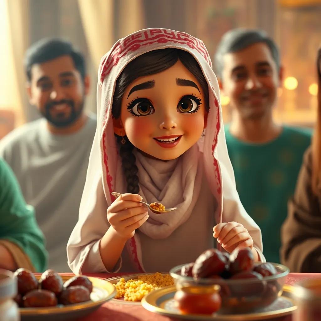 Leila, a young Saudi girl, enjoying delicious traditional food like kabsa and dates at a celebration with family, warm light, cozy atmosphere, digital art, food details, family-friendly