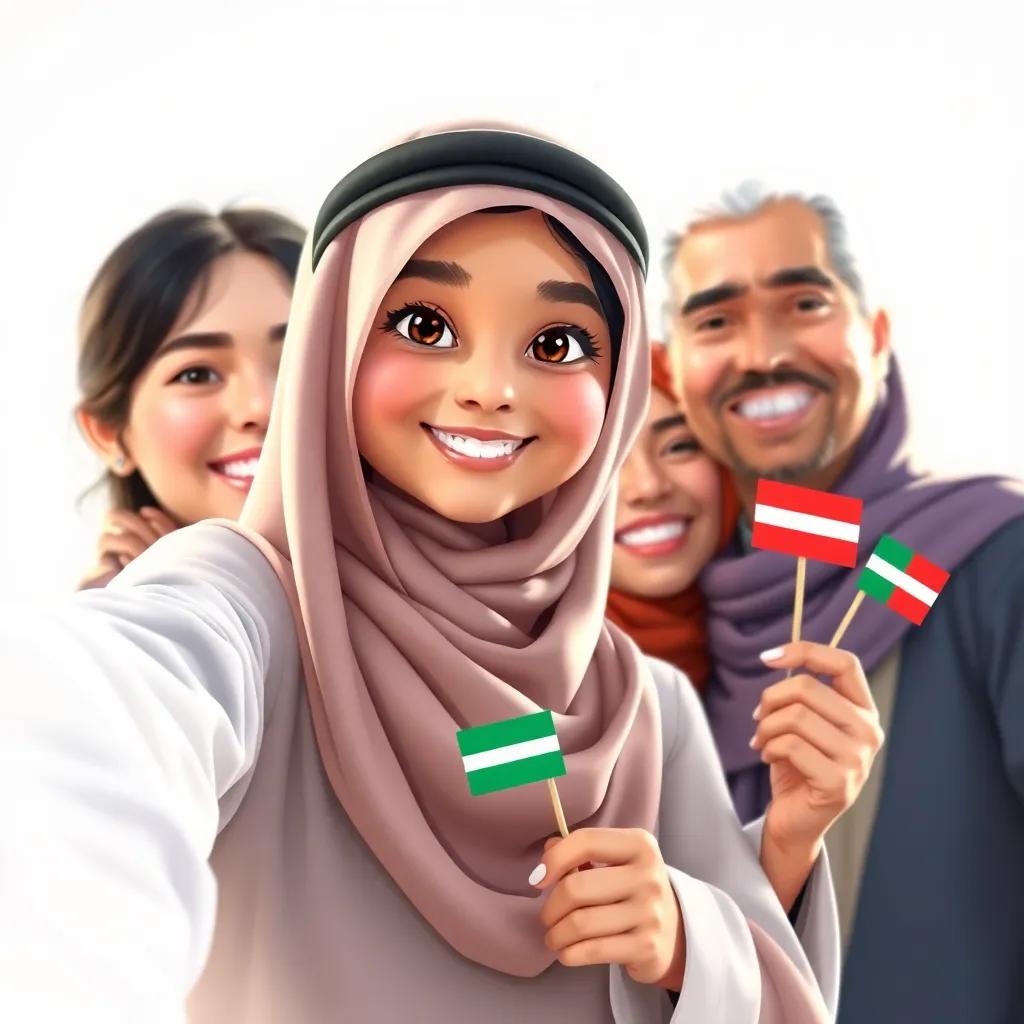Leila, a young Saudi girl, taking a photo with her family holding small flags, smiling together, joyful gathering, bright background, digital painting, family love, high quality