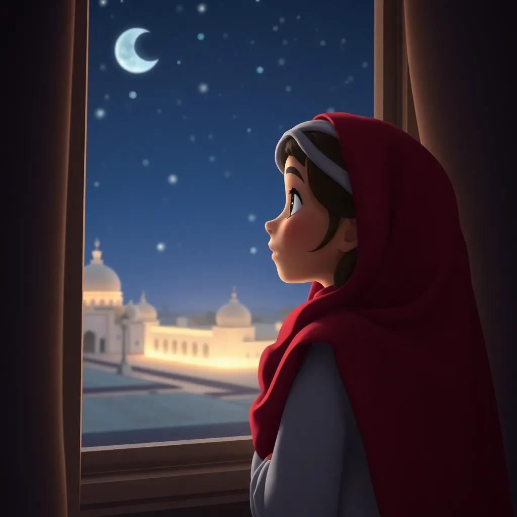 Leila, a young Saudi girl, looking at the stars from her window at night, thinking about her culture and celebration, calm night setting, digital art, dreamy atmosphere, peaceful imagery