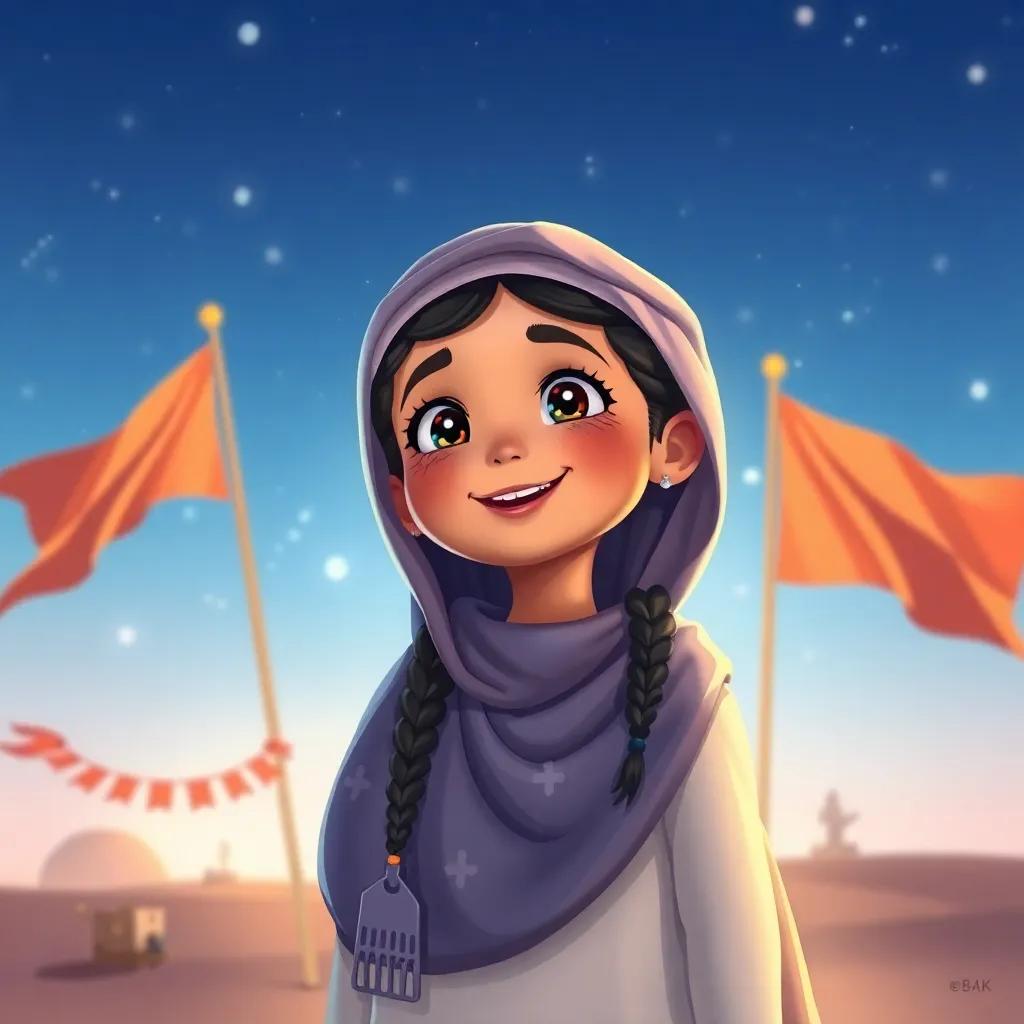 Leila, a young Saudi girl, happy in her heart with a dream about big flags waving and love in the community, starlit sky, gentle colors, digital art, fantasy, child-friendly