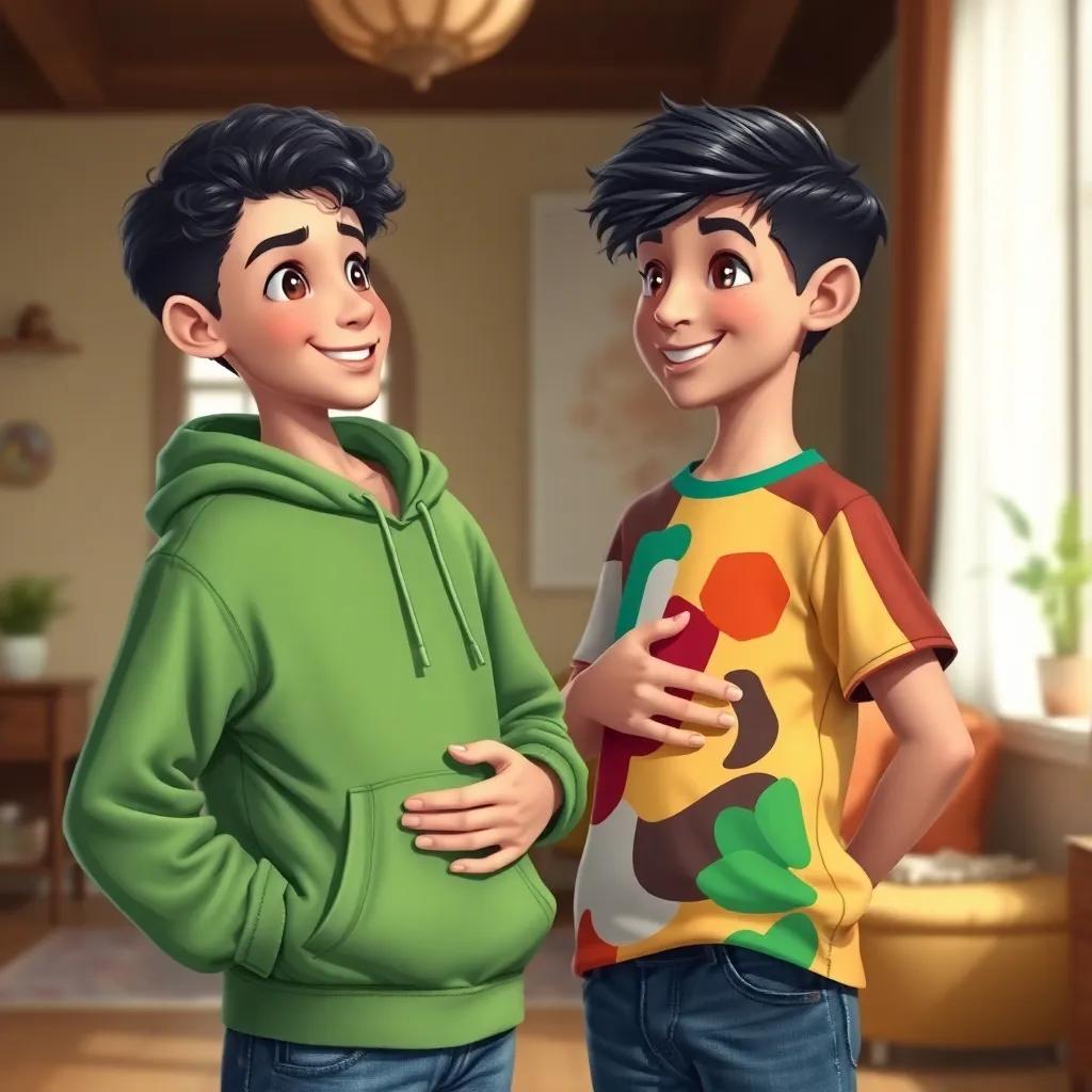A young Arab boy, Kareem, with short dark hair, wearing a colorful t-shirt and jeans, holding his stomach and talking to his friend Sami, who has curly black hair and wears a green hoodie, indoor setting with a playful atmosphere, digital art, cheerful, light colors, friendly interaction, high quality