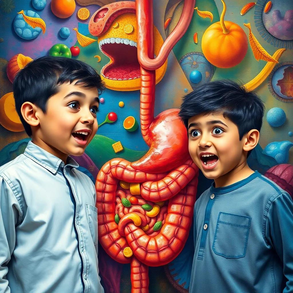 Two young Arab boys, Kareem and Sami, with Kareem looking amazed and Sami excited, exploring a colorful and dynamic representation of the digestive system, showing food traveling through the mouth, esophagus, and stomach, vibrant colors, educational illustration, imaginative perspective, high quality