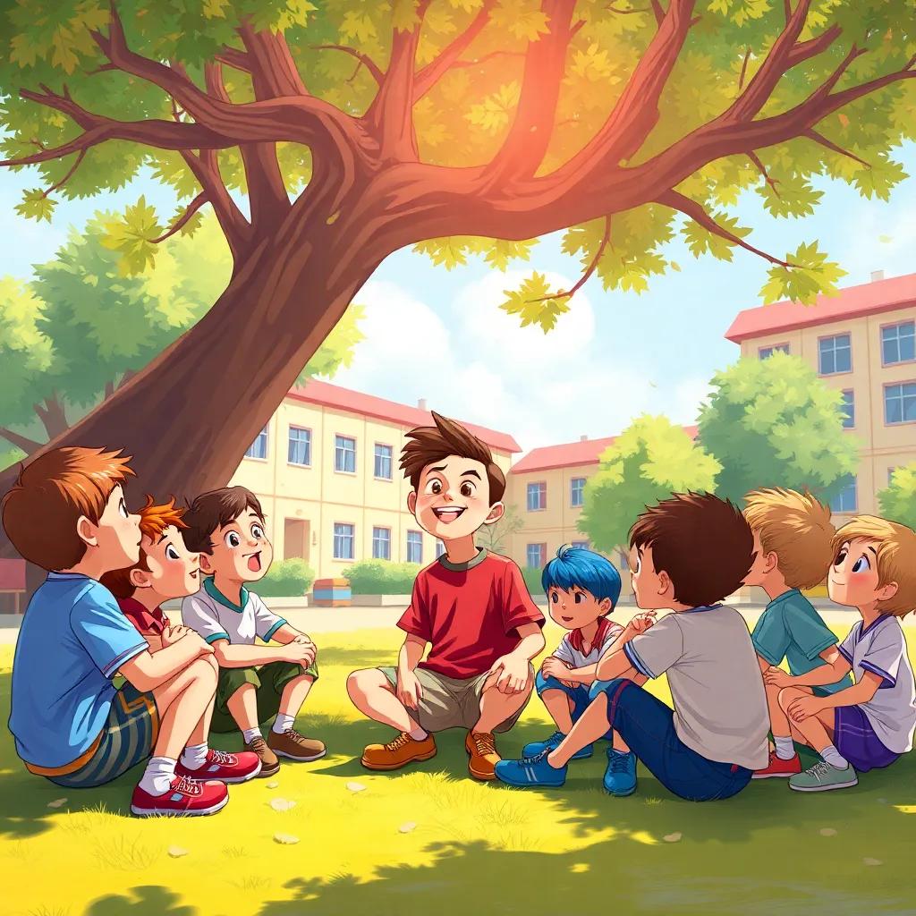 A group of children sitting under a large tree in a school yard, with a boy named Ali in the center talking excitedly, bright sunny day, lively atmosphere, colorful school background, digital art, cheerful, engaging
