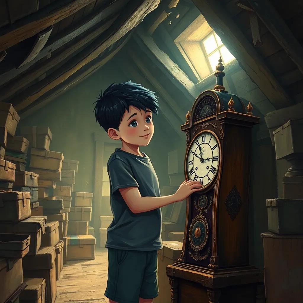 A young boy, Sami, with short black hair, wearing a t-shirt and shorts, discovering an ancient, ornate clock in a dusty attic filled with old boxes, bright light shining through a small window, nostalgic ambiance, whimsical and adventurous style, digital art, high quality