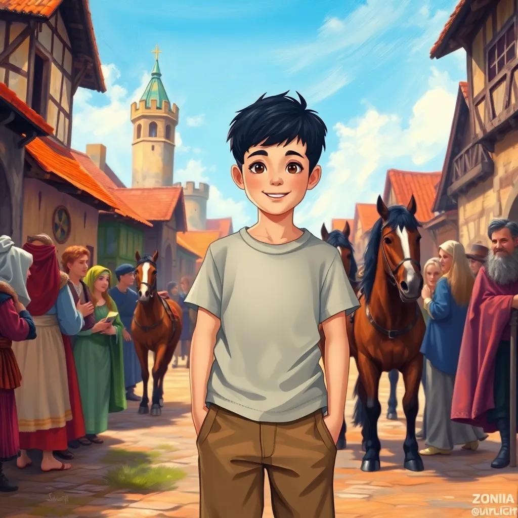 A scene depicting Sami, a young boy with short black hair, wearing a simple t-shirt and shorts, standing in a medieval village surrounded by people in historical clothing and horses, vibrant colors, cheerful atmosphere, dynamic perspective, illustration, fantasy style, high quality