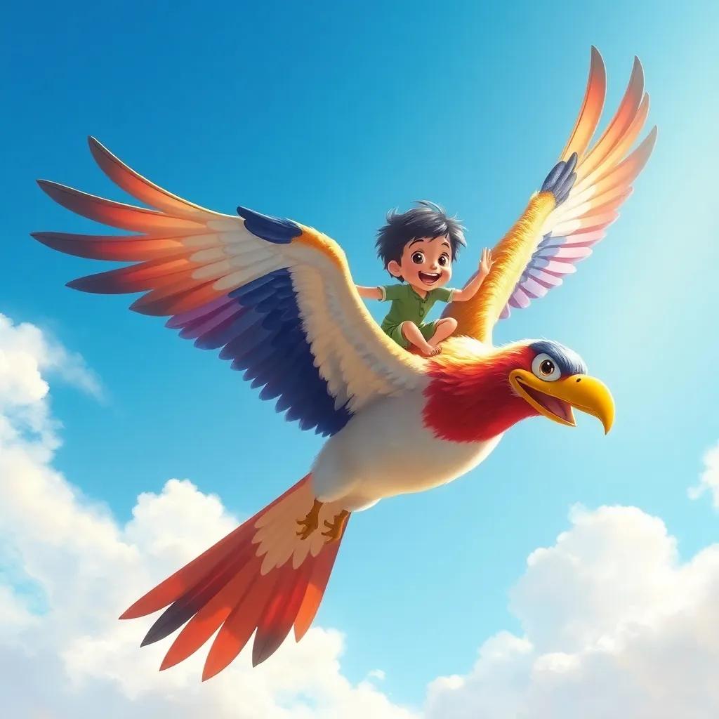 A big bird, Zahi, with colorful feathers soaring in a bright sky, with a small boy named Ali on its back, looking happy and excited, bright sunlight, cheerful atmosphere, high quality, digital art