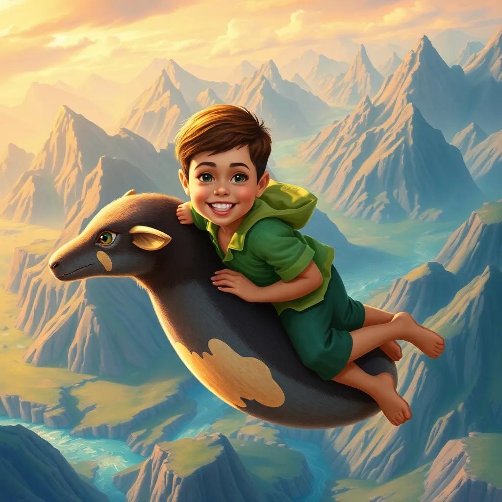 Ali, a small boy with short hair and wearing a green shirt, smiling on the back of Zahi, flying over majestic mountains and rivers, vibrant colors, magical view, adventure theme, detailed illustration