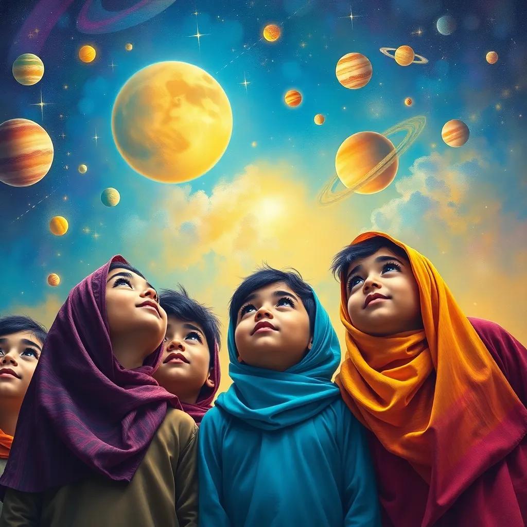 A group of young Arabic kids, including Yasin and Sarah, looking up at the sky, imagining planets and stars, with a glowing cosmic scene in the background, colorful, high energy, community spirit, vibrant colors, child-friendly, high quality