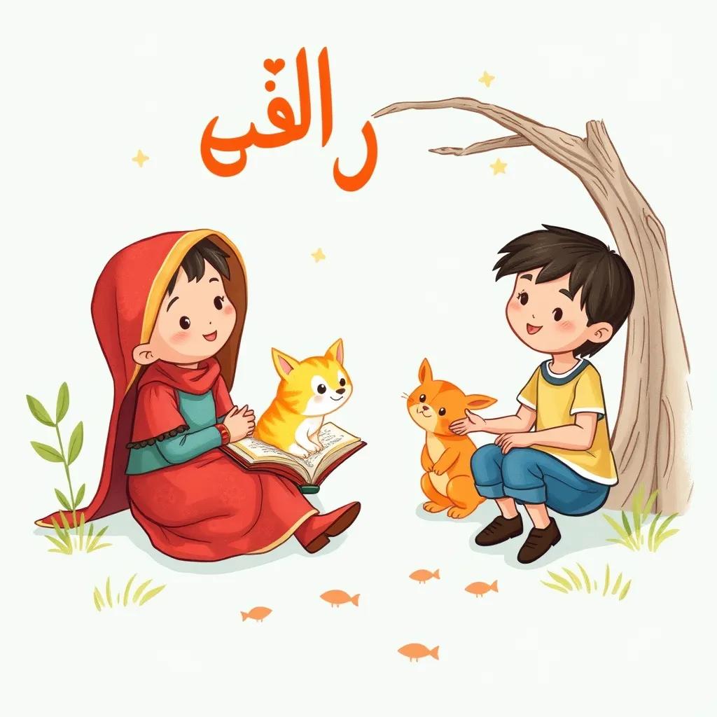 علي، ولد عربي صغير، مع شعر بني قصير، يرتدي قميصًا أصفر وشورت أزرق، يجلس في حديقة مع جده، يشاهد مجموعة من الأشجار والخضرة، يوم مشمس، رسم رقمي، ملون، أجواء دافئة، جودة عالية