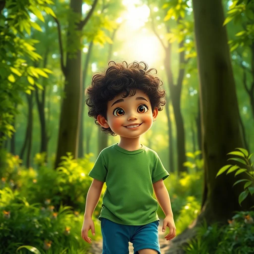 A young boy, Ali, with curly hair wearing a green t-shirt and blue shorts, exploring a lush green forest with tall trees and small animals, bright sunlight peeking through leaves, digital art, vibrant colors, cheerful atmosphere, high quality