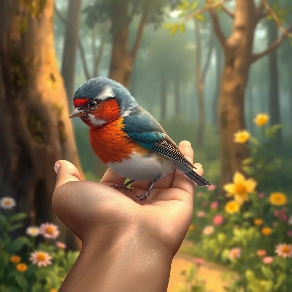 A small bird, with colorful feathers and a small injured wing, resting on Ali's hand, surrounded by trees and flowers in a peaceful forest setting, warm light, focused view, detailed illustration, heartwarming