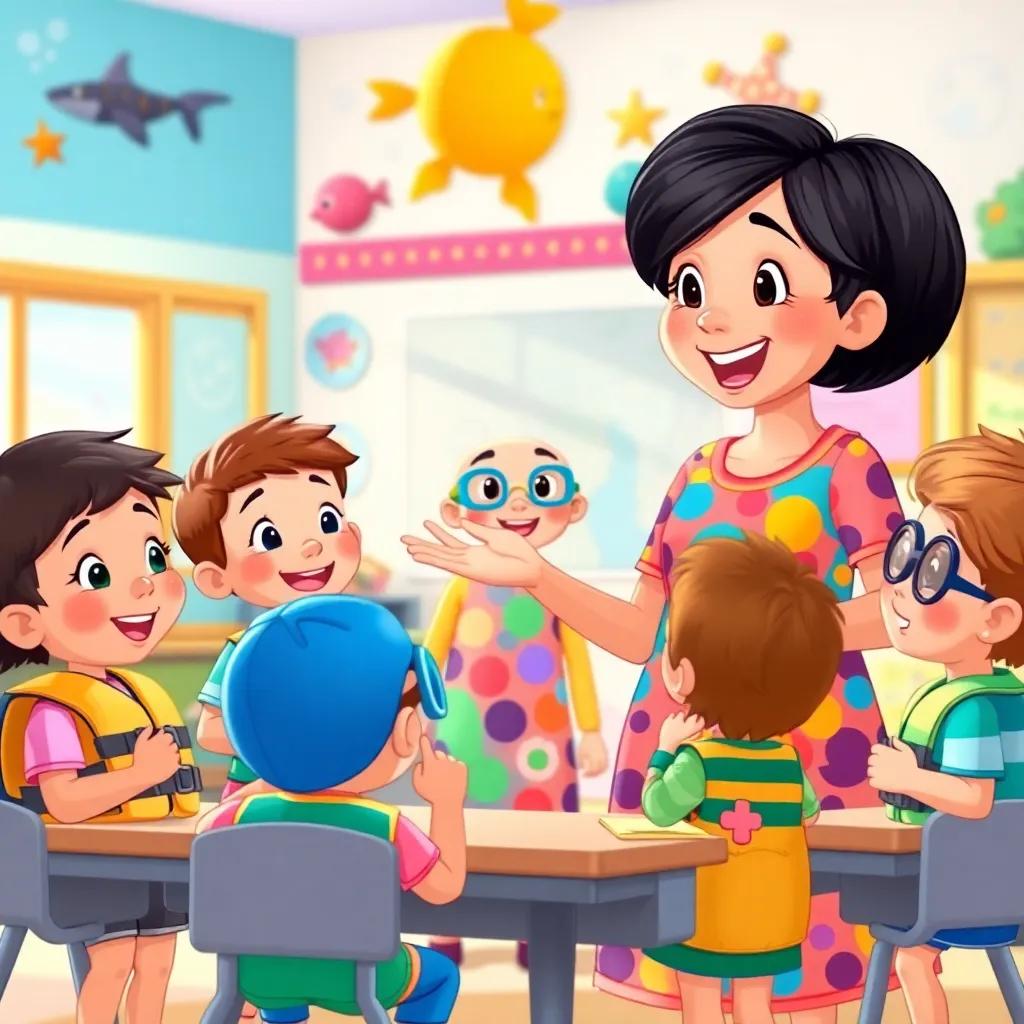 A warm morning scene where a cheerful teacher named Mona, a middle-aged Arab woman with short black hair wearing a colorful dress, is speaking to excited kindergarten children, showing them swimming goggles and life jackets in a bright classroom with ocean-themed decorations, illustration, vibrant colors, joyful atmosphere, high quality