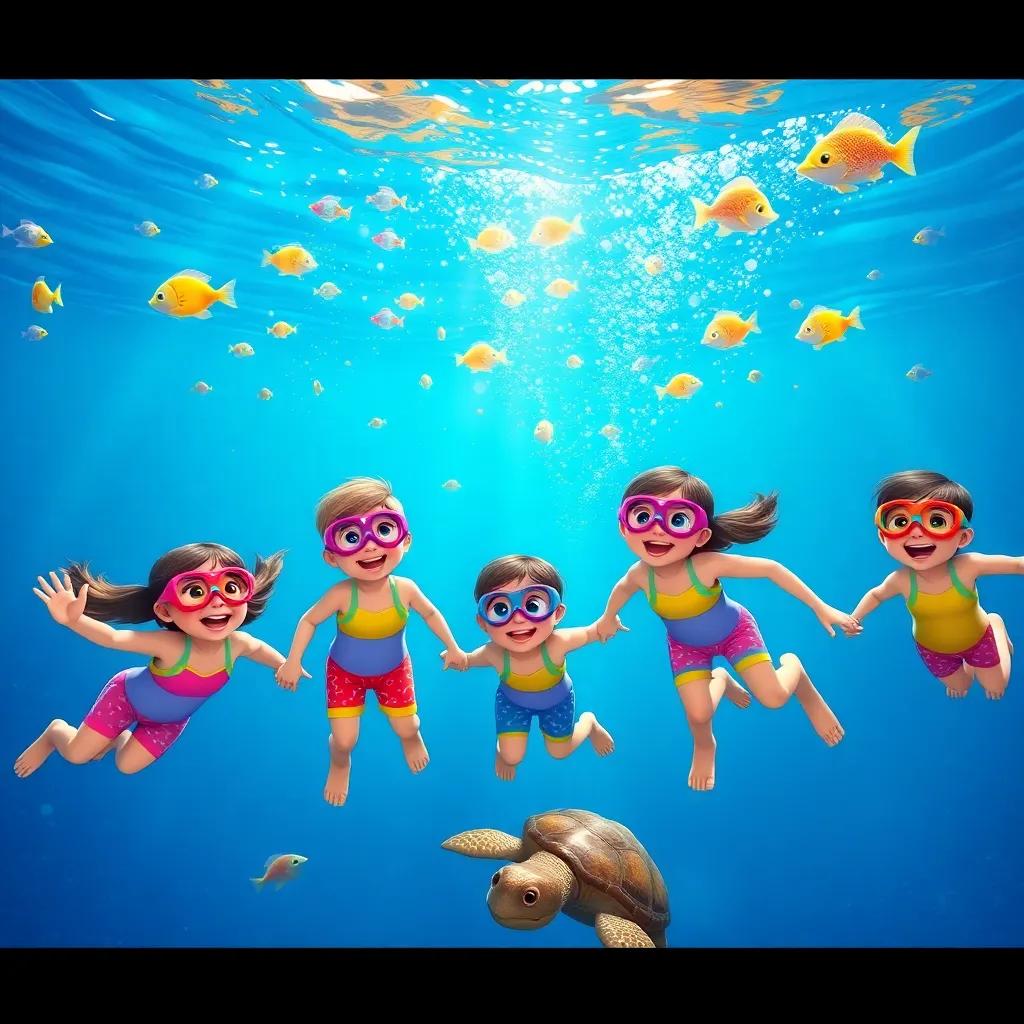 A group of happy kindergarten children in colorful swimsuits and goggles, diving into the blue water, holding hands, with a vibrant underwater world featuring colorful tiny fish dancing, a shimmering starfish, and a slow-moving big turtle, digital art, lively, enchanting scene, high quality